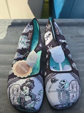 Chocolaticas Gothic Vampire & Skeleton Slip-On Flats in Black and Teal